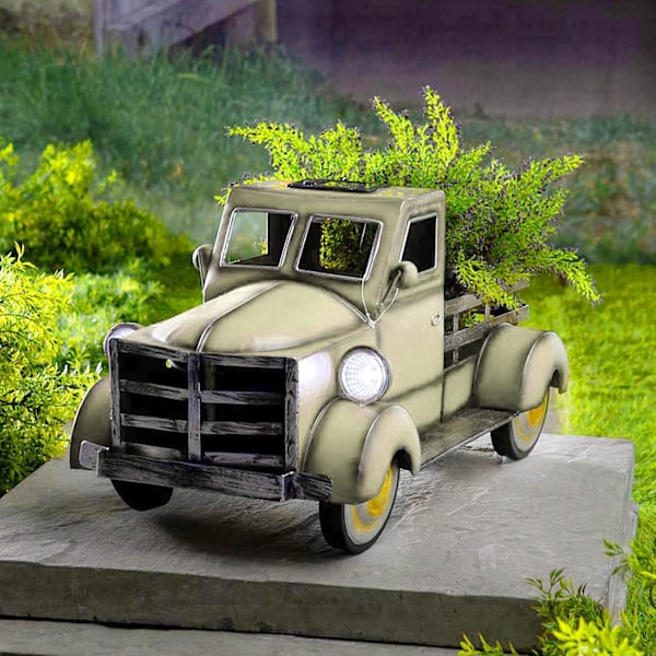 Retro stil solcellsdriven pickup truck trädgårdsdekoration blomkruka dekoration Auto-weiß