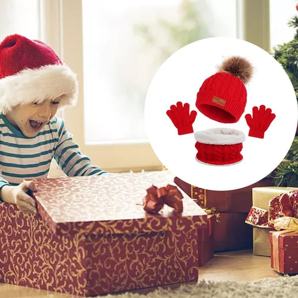 1 sæt børns vinter tredelte hat, halstørklæde, handsker, tredelt efterår og vinter enkelt kugle babyhat