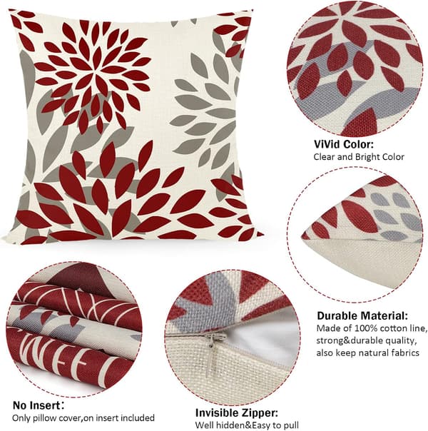 Set med 4 kuddfodral 45 x 45 cm - Med dold dragkedja - Röd