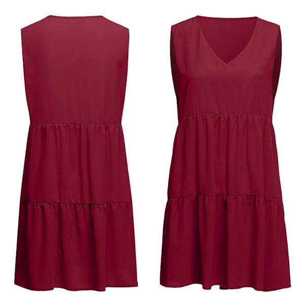 Sommarklänning för kvinnor, tunika, V-ringad, ledig, lös, böljande swingklänning B: Burgundy Medium