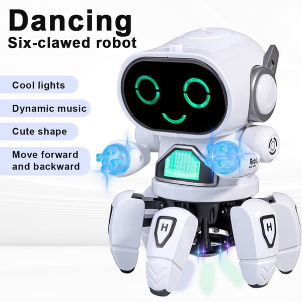 Musikk og dansende hexapod-robot, LED-øyne, med diskolys og dansemusikk, universalhjul, interaktiv og lærerik, egnet for gutter og
