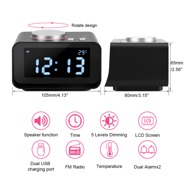 Digital LCD-väckarklocka FM-radio med högtalarfunktion + Dubbel