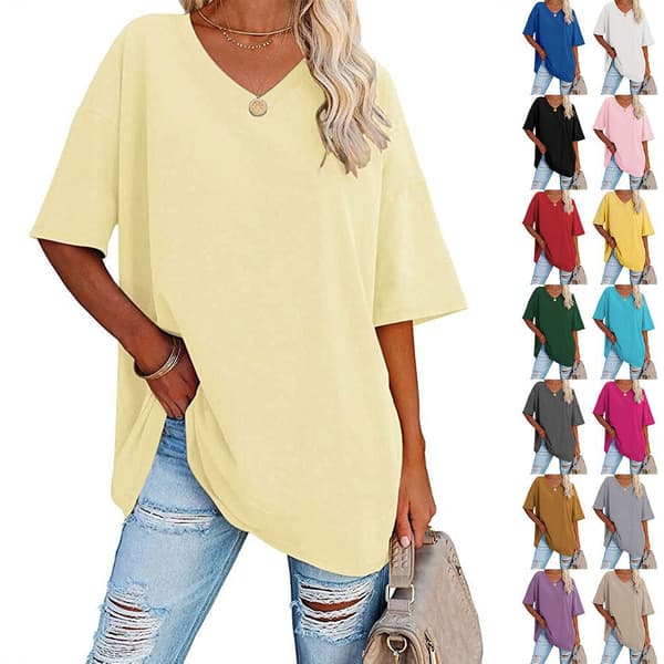 Oversize T-shirt til kvinder med V-hals, løs basis T-shirt bluse black M