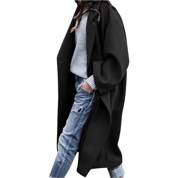 Lång vinterjacka för damer, dubbelknäppt vindjacka, elegant enfärgad ulljacka, nedfälld krage, långärmad vinterkappa, ullkappa