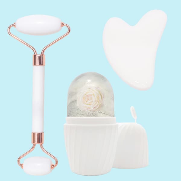 3-delt hvitt rutete ismønstret Gua Sha-sett