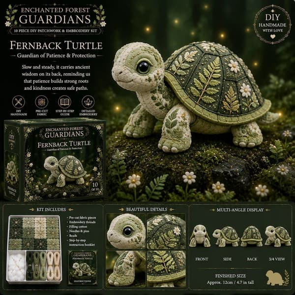 Gør-det-selv Patchwork Kit: Magisk Skovskildpaddevogter - Begynder Håndsyet 3D Dukke - Helende Pynt/Gave