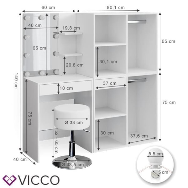 Vicco Isabelle sminkbord, sminkbord, LED-belysning, pall, enstaka möbler Vit