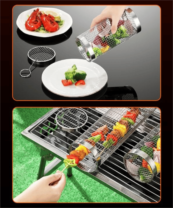 Cylindrisk grillkorg i rostfritt stål | Utomhusgrillställ | Roterande köttgrill