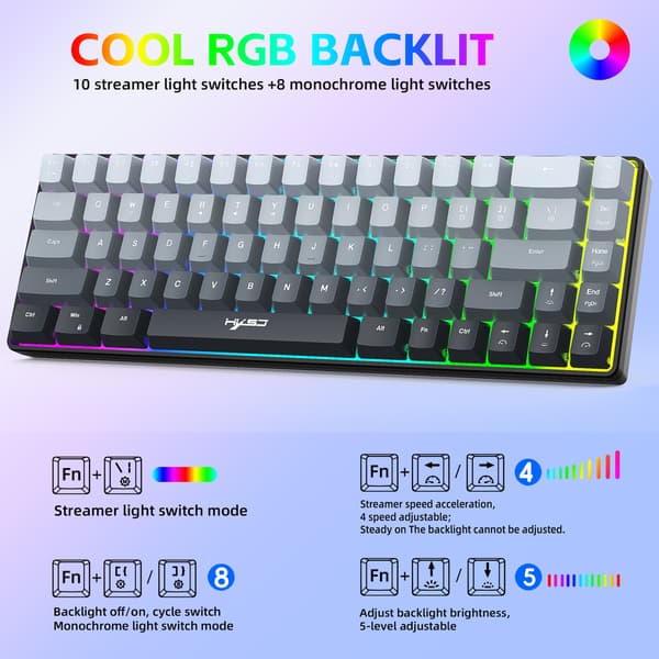 V200 Gradient Sort 69-tasters Ergonomisk Kablet Tastatur Delt Buet RGB Baggrundsbelyst til Arbejde og Gaming
