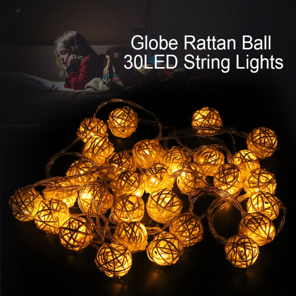 Globe Rattan Ball String Lights 30LED Batteridriven Nattlampa Hängande Dekor (Varm Vit)