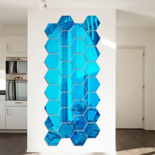 Speglar Väggdekaler Hexagon Spegeldekoration Hexagon Akryl Mural Plastplattor Hem Vardagsrum Sovrum Soffa TV Bakgrund Väggdekoration blau