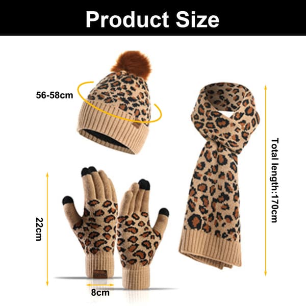 Vinterleopardmönstrad stickad mössa Lång halsduk och pekskärmshandskar tredelad varm tjock mössa