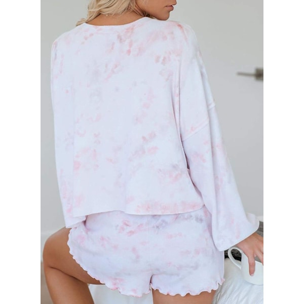 Dam Tie Dye Tryckt Volang Kort Lounge Set Långärmad Topp och Shorts 2-Delat Pyjamasset Sovkläder Pink M