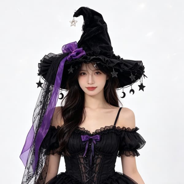 Halloween häxhatt med bred brätte spets, lämplig för semesterfester, kostymfester, maskeradfester, rollspel, etc. lila purple