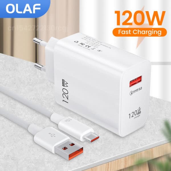 120W USB-oplader QC3.0, USB C-kabel til Huawei, Samsung, Xiaomi - EU Hvid, 10A