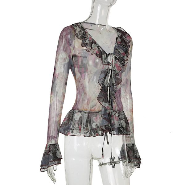 Retro Blomster Patchwork Gennemsigtig Kunstnerisk Gradient-Printet Flæset Bindebånds Tulle Bluse L