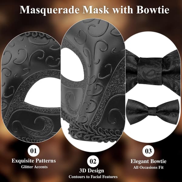 Vintage maskerade 3-delt sæt til mænd (maske + butterfly + brochekæde) black
