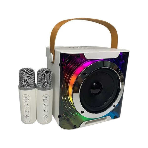 Tehokas Karaoke Bluetooth-kaiutin Musiikkirytmivalolla, Stereotilaääni, Langaton Subwoofer kahdella mikrofonilla, Valkoinen