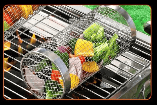 Cylindrisk grillkorg i rostfritt stål | Utomhusgrillställ | Roterande köttgrill