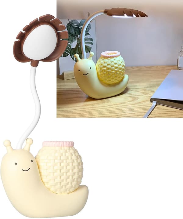 LED-bordlampe med pennholder, tegneseriefigur, snegl, multifunksjonell