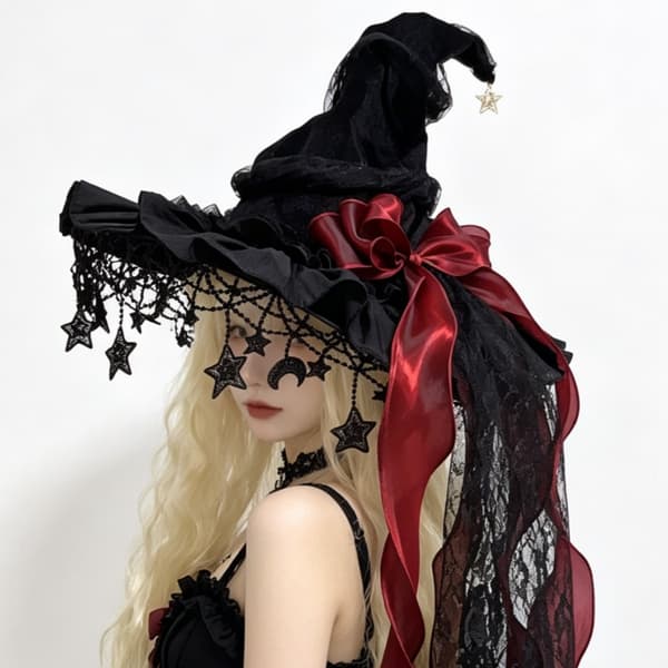 Halloween häxhatt med bred brätte spets, lämplig för semesterfester, kostymfester, maskeradfester, rollspel, etc. röd red