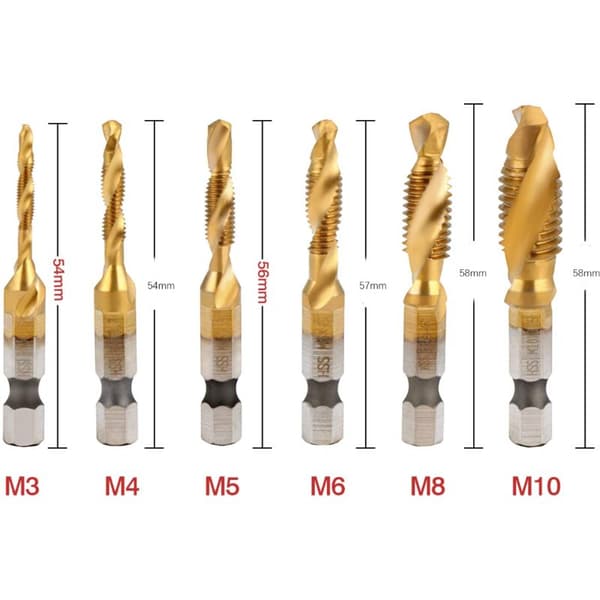 6-delars kombinationsborr- och gängtappset, M3-M10 HSS Hex Metrisk