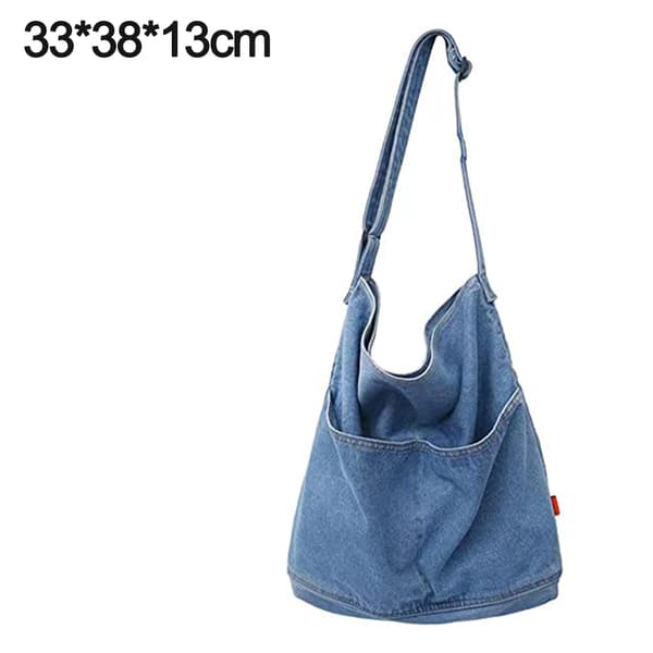Blå denimveske, skulderveske, messenger bag, stor damemodell