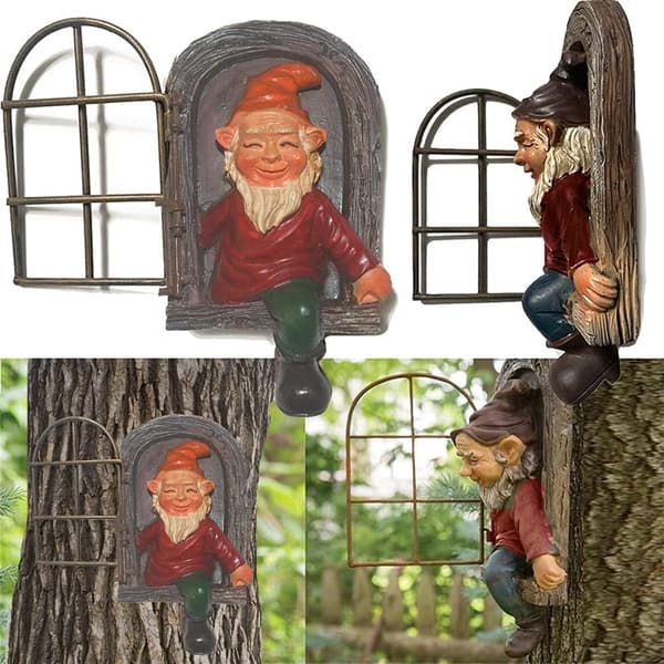 Puusta kurkkiva Tree Hugger -puutarhatonttu, polyresiini, leikkisä