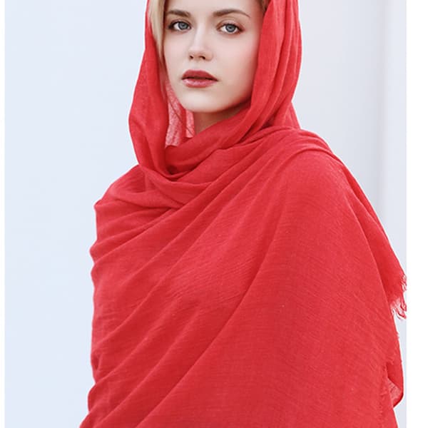 Bomulls- og linskjerf bredt lin-sjal cape ensfarget skjerf Bright red