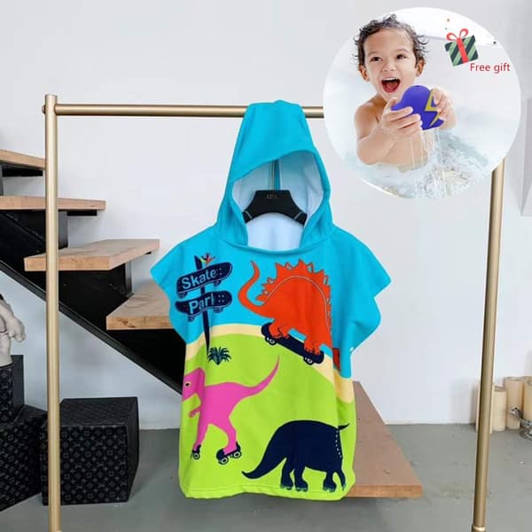 Børne Hætteponcho, (60x120cm, Grøn Dinosaur) Mikrofiber Hætte