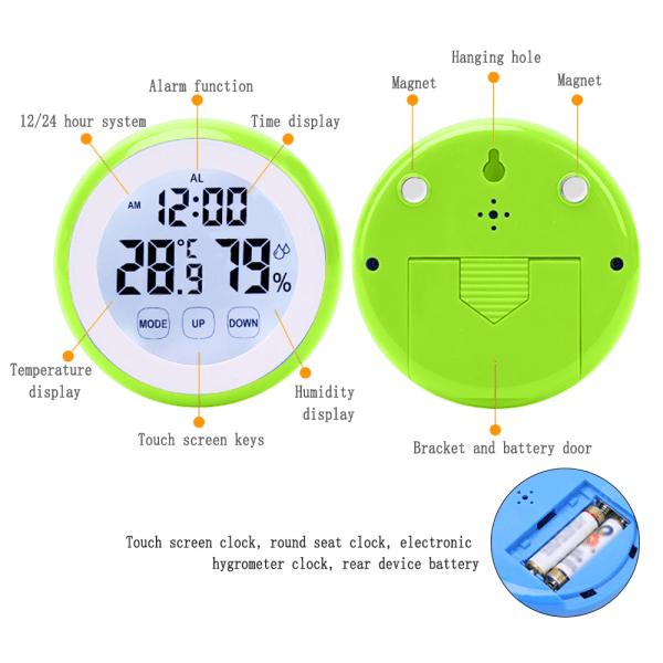 Pekskärms väckarklocka, rundsätesklocka elektronisk hygrometer green