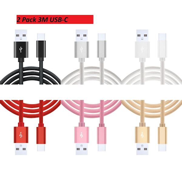 2 Pack 3m USB-C laddare till Samsung S10, S10E, S10 Plus Rosa Rosa
