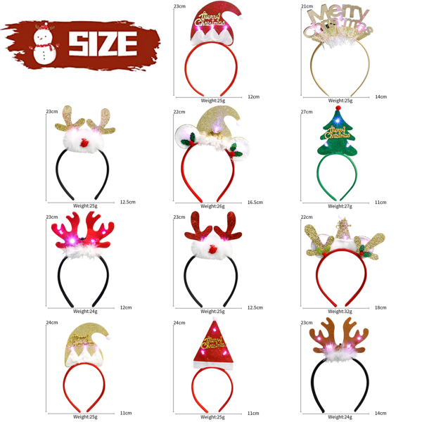 11 Pcs LED Christmas Headbands for Women, Christmas Tree