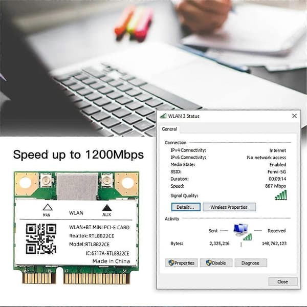 Dual Band Mini Pcie RTL8822CE 1200 Mbps WiFi-kort Bluetooth 5.1 Trådløs adapter 802.11ac for bærbar PC/PC Wind 10/11