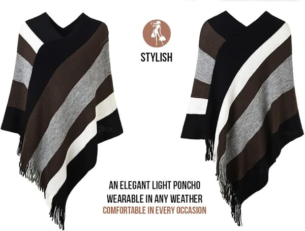 Virkad Poncho med fransar för kvinnor - Sjal med djärva ränder, S