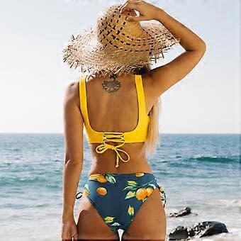 Dame Bikini Badedragt Front Kryds Snøre To Delt Badedragt Small(L gul)