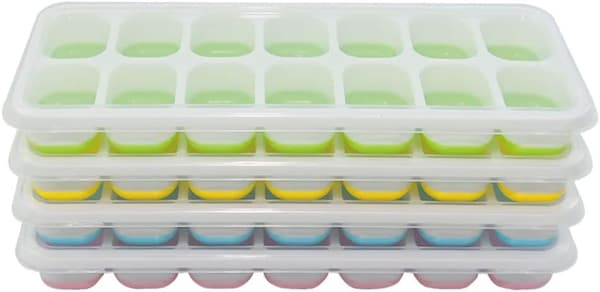 4-pack isbitsformar i silikon med lock, stapelbara hemgjorda isbitsformar, frys/frys, ismaskin för barnmatsportionering