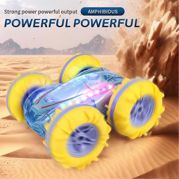 2.4G RC Stuntbil Transparent Ljus Amfibiefordon Dubbelsidig Stunt RC Bil Gestrullande Blå