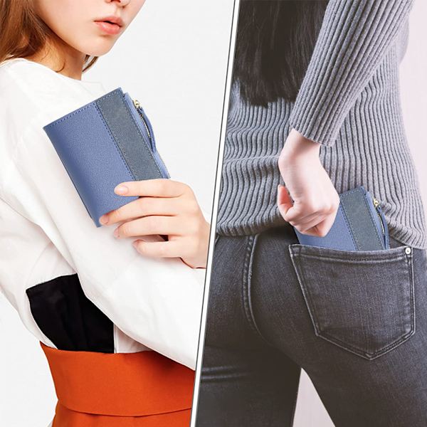 Liten plånbok för kvinnor, smal läder bifold framficka damer