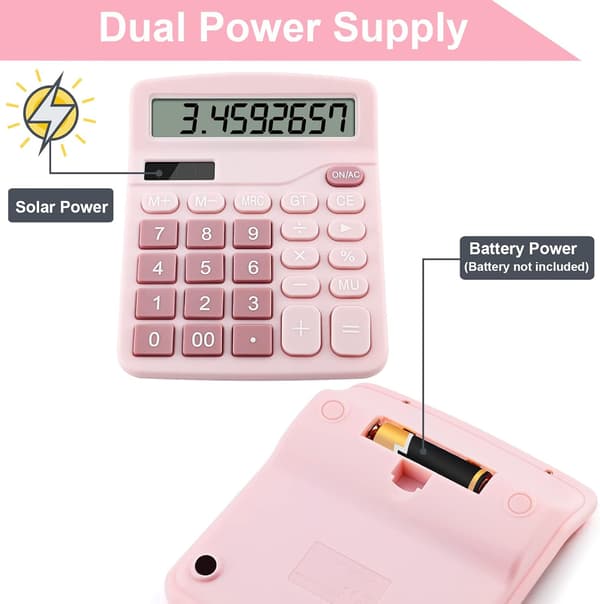 (Pink) Stor 12-cifret Dual Powered Basic Desktop Kalkulator, Solcelledrevet