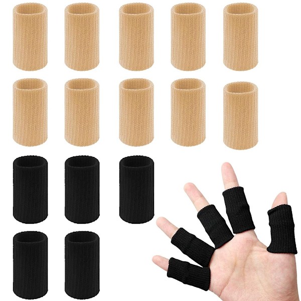 20 st Fingerskenor, Fingerskydd Ärmar Fingerskena Sport Finger Kompressionsärm Stöd Elastiska Tumärmar för Smärtlindring Black + skin color