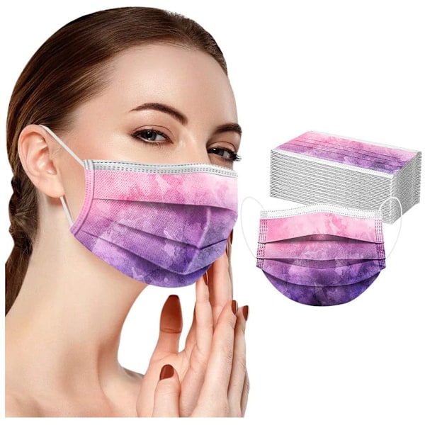 Förpackning med 50 engångs 3-lagers ansiktsmasker med tryckt motiv, andningsbar multifunktionell scarf, bandana, halsduk, scarves för unisex vuxna, mun lila
