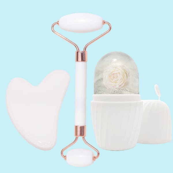 3-delat vitt rutigt ismönstrat Gua Sha-set