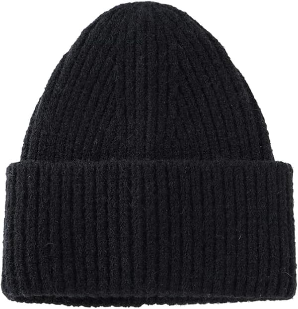 Herre Dame Vinter Ribstrikket Hue med Opsmøg Varm Tyk Skull Cap Black