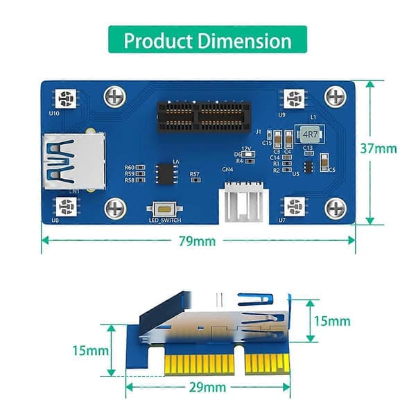 2 i 1 PCI Express PCI-E 1X til 1X/4x/8x/16x Riser-kort med automatisk farveskiftende LED-lys