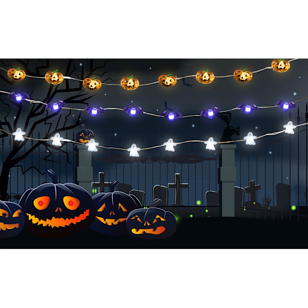 Halloween-lys sæt med 3 tema-lyskæder med 30 LED-græskar