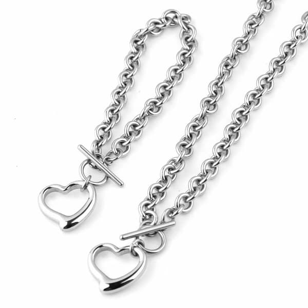 Sølv Hjertekæde Halskæde + Hjerte Armbånd til Kvinder Piger Hjerte Vedhæng Toggle Charm Smykkesæt Rustfrit Stål