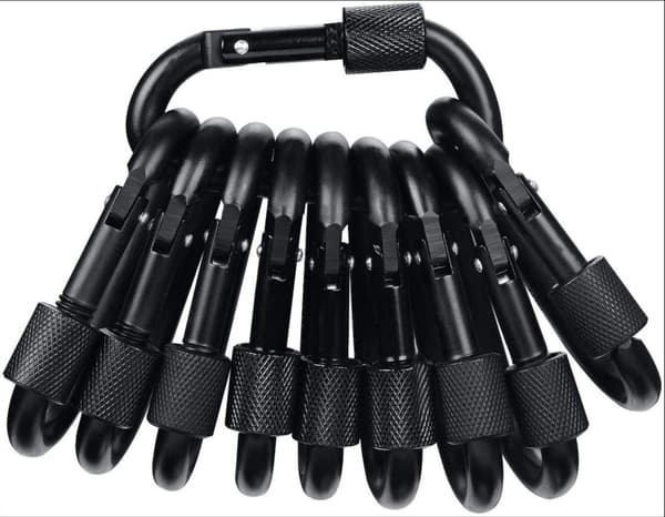 Set med 10 svarta D-formade karbinhakar, aluminiumkarbinhakar, svarta