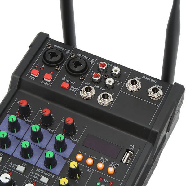 DJ-mixer med Bluetooth USB-ljudkort och 48V fantommatning, digital effektprocessor, stereo DJ-studio, lågbrusmixer, trådlös musik