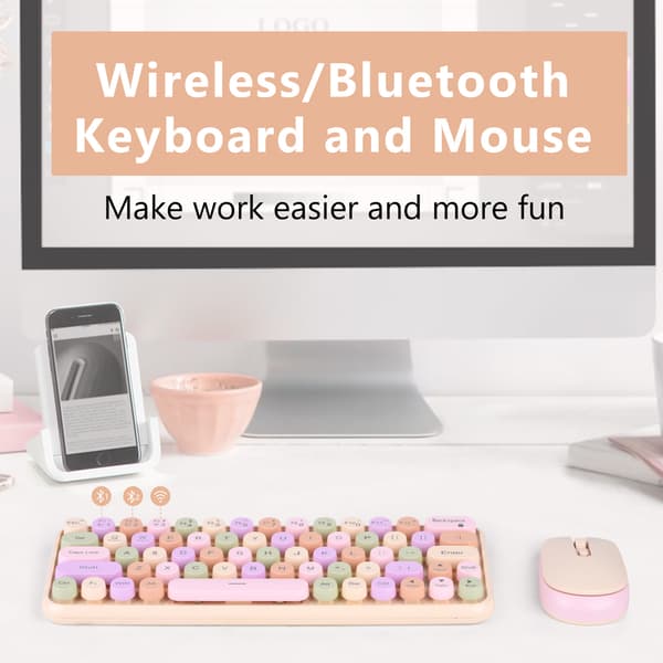 Macaron Pink Pyöreäkosketin Langaton Bluetooth-näppäimistö ja Hiirisetti - Kannettava Toimistonäppäimistö ja Hiiriduo